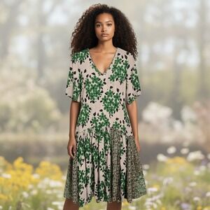 Suno Silk Floral Midi Dress Size 0 Green V Neck Drop Waist Boho Spring Women's